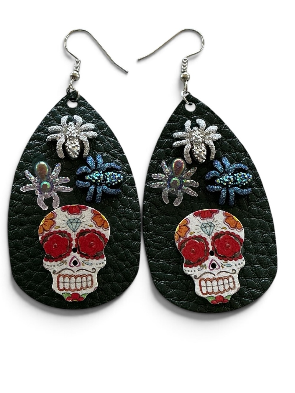 🆕 3D Sugar Skulls and Spiders Faux Leather Dangle Earrings